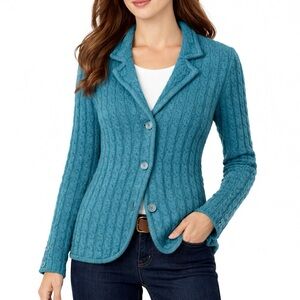 Talbots Merino Wool Cable Knit Blazer Cardigan Teal Sweater Sz MP Medium Petite